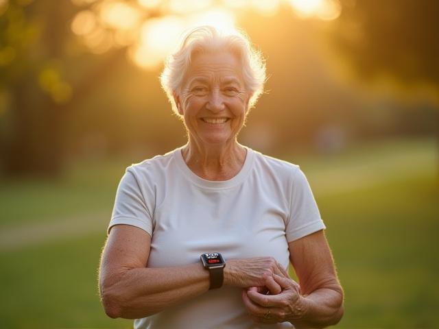 A confident woman in her 50s smiling while looking at her smartwatch, signifying active health management.