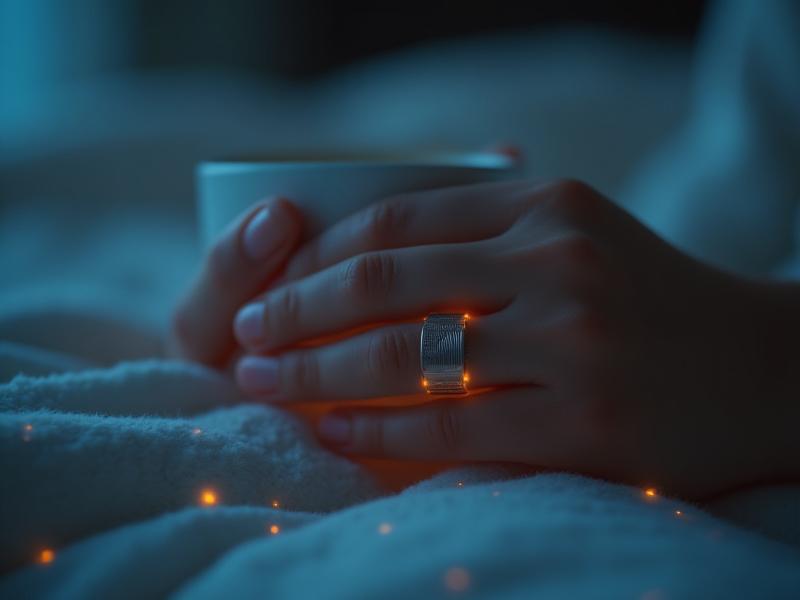 Close-up of Oura Ring Gen3 on a hand with subtle data overlay